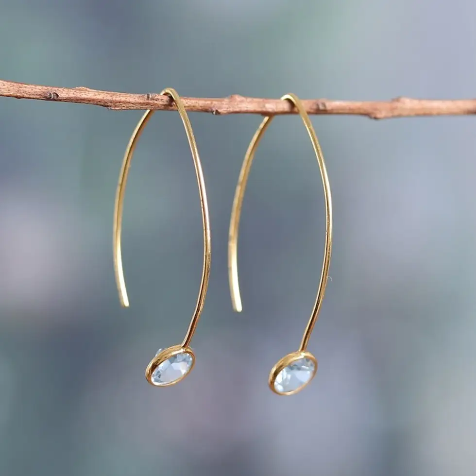 18k Gold-Plated Drop Earrings with Faceted Blue Topaz Gems 'Blue Madam'