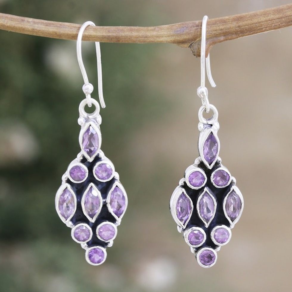 Sterling Silver Dangle Earrings with 3-Carat Amethyst Gems 'Purple Tower'