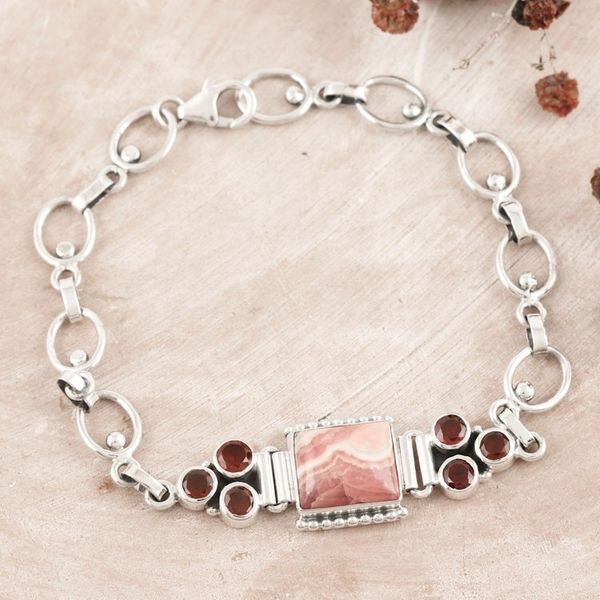 Alternate image for Rhodochrosite and Garnet Sterling Silver Pendant Bracelet Romantic Style