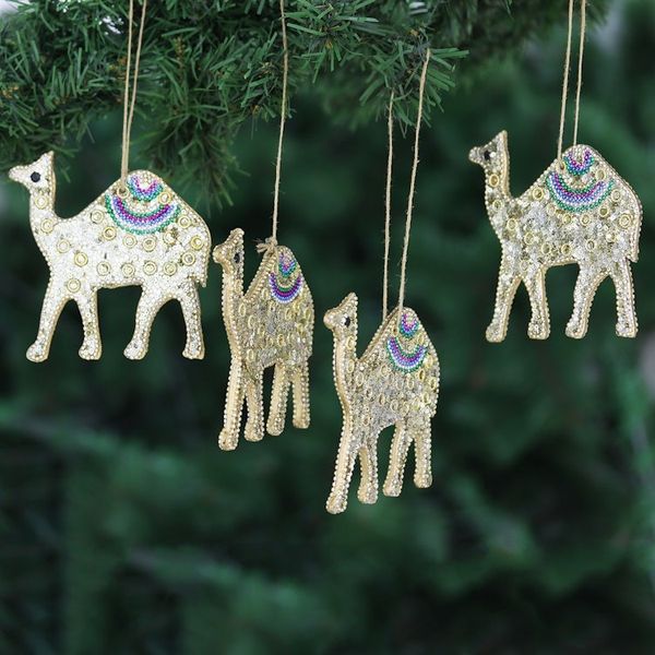 Alternate image for Set of 4 Handmade Beaded Wood Camel Ornaments with Cords Sparkling Desert