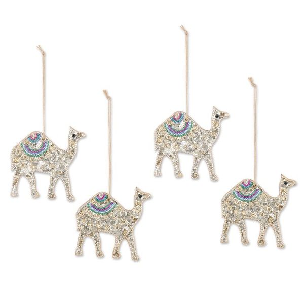 Alternate image for Set of 4 Handmade Beaded Wood Camel Ornaments with Cords Sparkling Desert