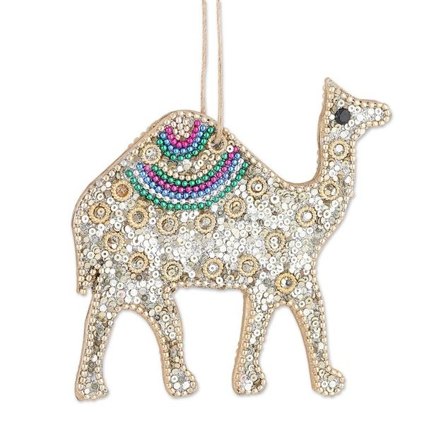 Alternate image for Set of 4 Handmade Beaded Wood Camel Ornaments with Cords Sparkling Desert