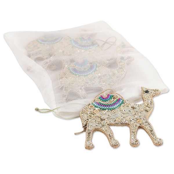 Alternate image for Set of 4 Handmade Beaded Wood Camel Ornaments with Cords Sparkling Desert