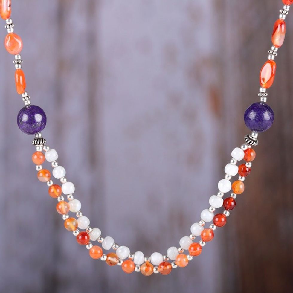 Multi-Gemstone and Silver Beaded Long Necklace Made in India 'Glorious Connection'