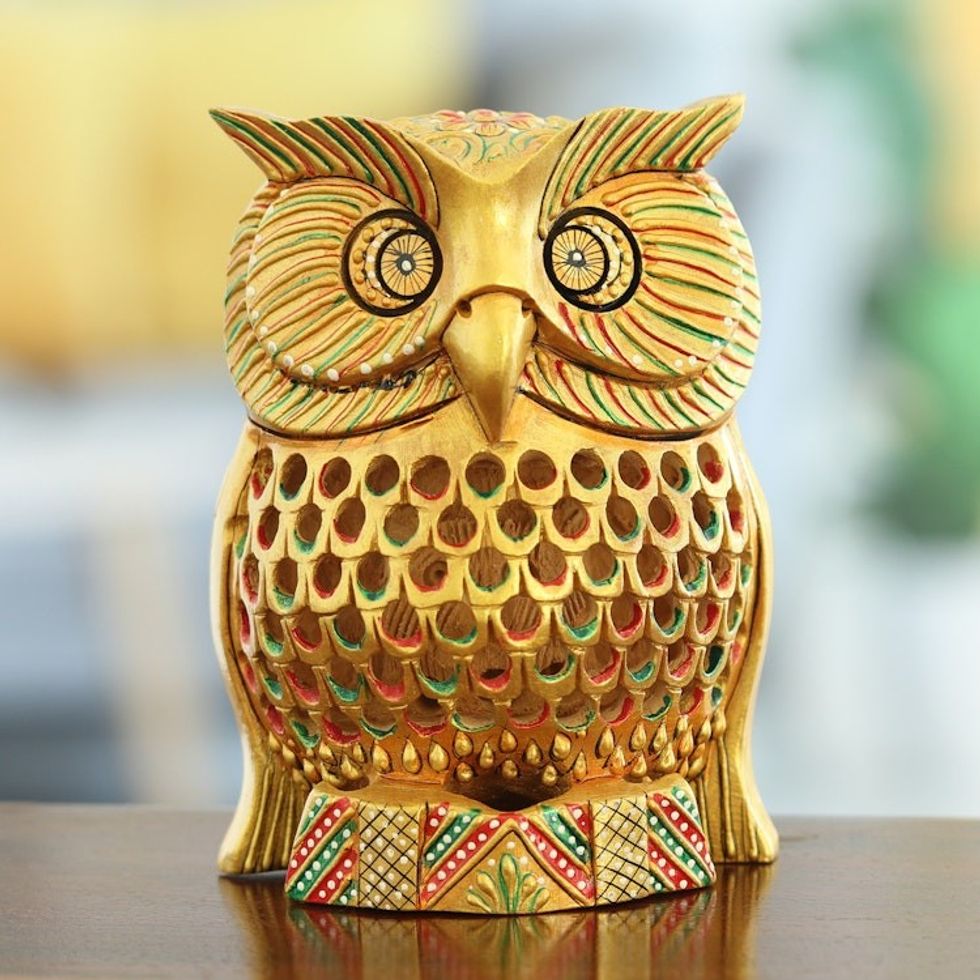 Traditional Jali Kadam Wood Magnet of a Golden Owl 'Majestic Sage'