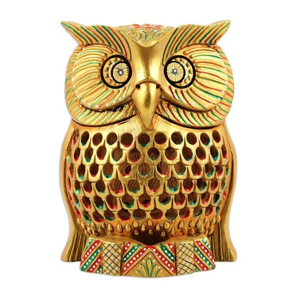 Alternate image for Traditional Jali Kadam Wood Magnet of a Golden Owl Majestic Sage