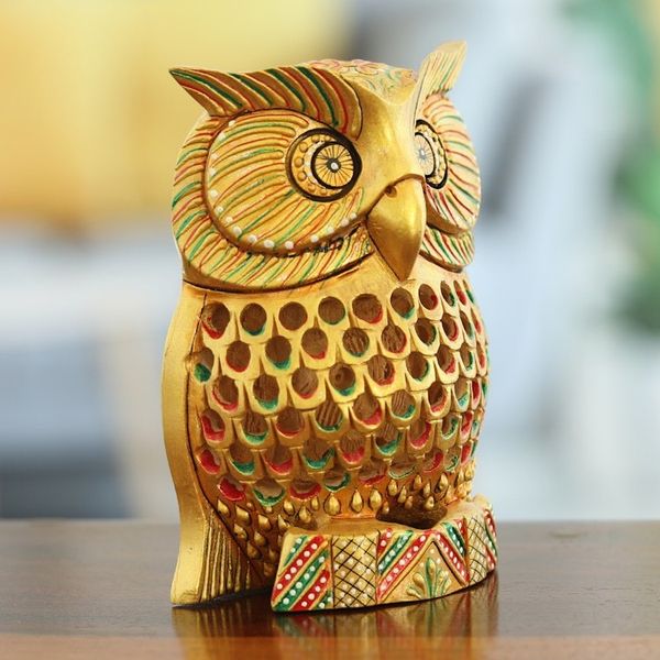 Alternate image for Traditional Jali Kadam Wood Magnet of a Golden Owl Majestic Sage