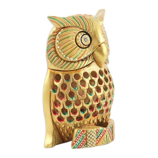 Alternate image for Traditional Jali Kadam Wood Magnet of a Golden Owl Majestic Sage