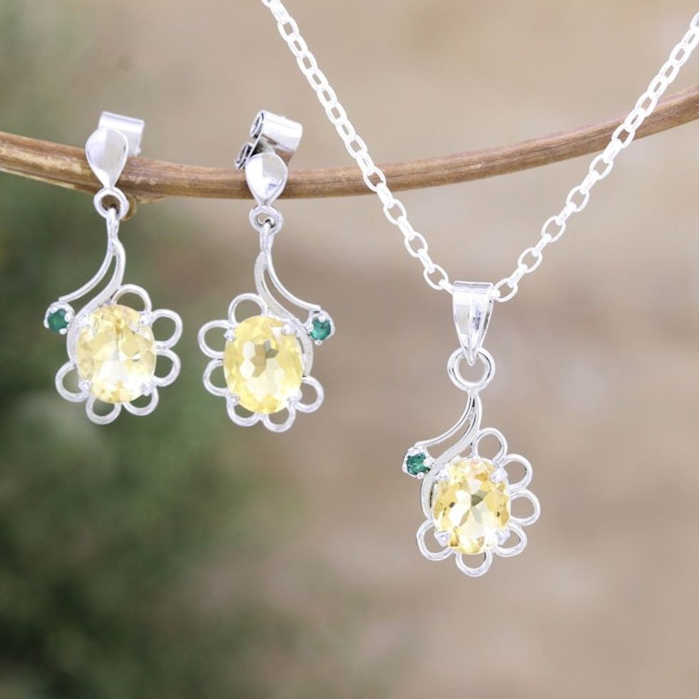 Rhodium-plated Jewelry Set with 9-Carat Citrine and Emerald 'Tender Garden'