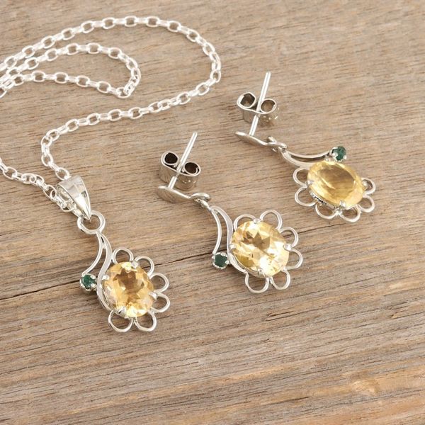 Alternate image for Rhodium-plated Jewelry Set with 9-Carat Citrine and Emerald Tender Garden