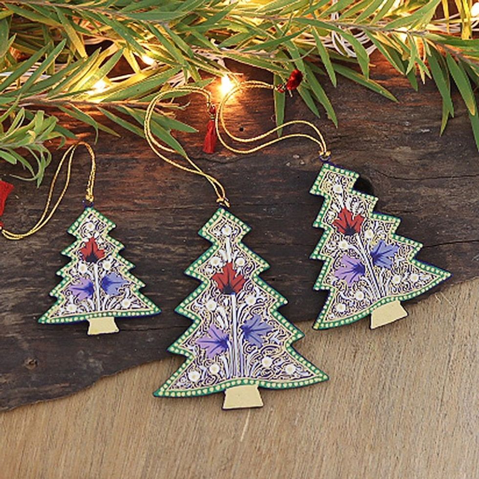 Set of 3 Wood Tree Ornaments in Blue and Green Shades 'Blue Forest'