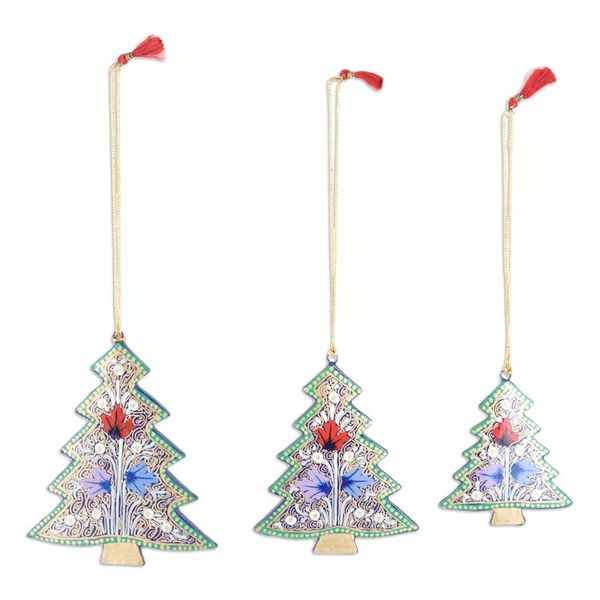 Alternate image for Set of 3 Wood Tree Ornaments in Blue and Green Shades Blue Forest