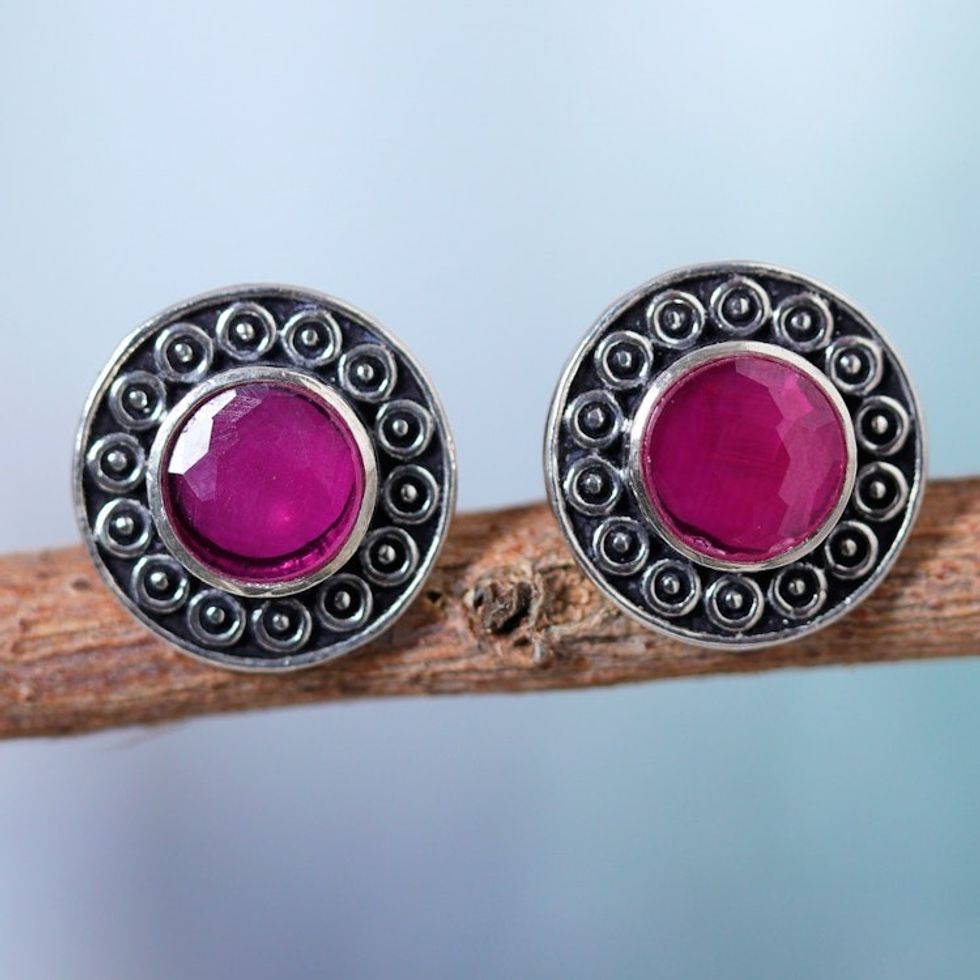 Floral Sterling Silver Button Earrings with Pink Onyx Gems 'Confidence Bloom'
