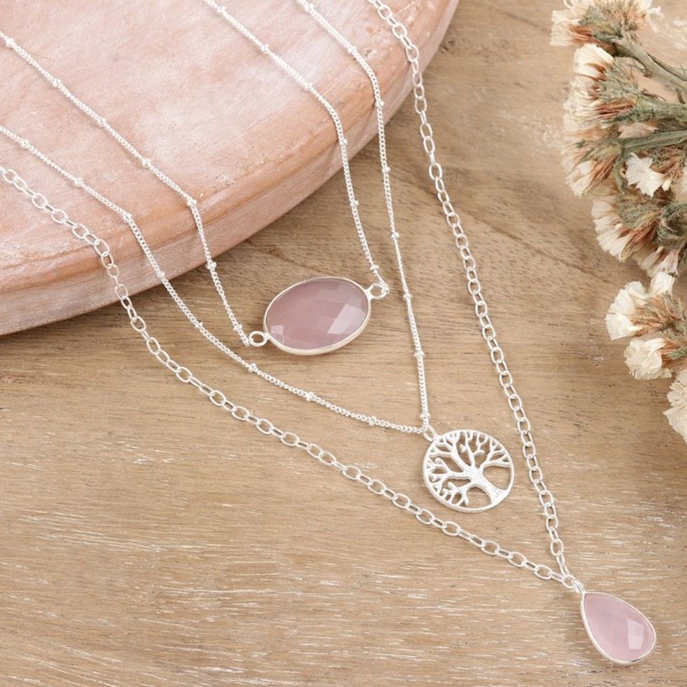 Sterling Silver 3-Strand Pendant Necklace with Rose Quartz 'Unconditional Nature'