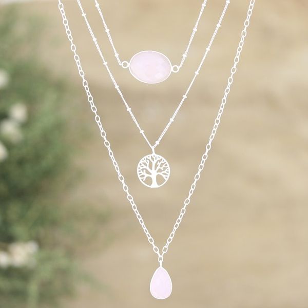 Alternate image for Sterling Silver 3-Strand Pendant Necklace with Rose Quartz Unconditional Nature