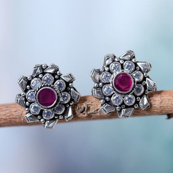 Alternate image for 925 Silver Button Earrings with Pink Onyx Cubic Zirconia Jaipur Blossom