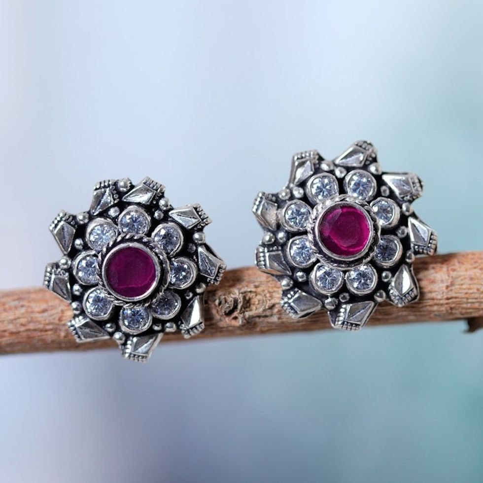 925 Silver Button Earrings with Pink Onyx Cubic Zirconia 'Jaipur Blossom'