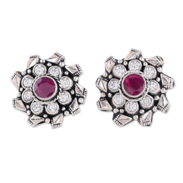 Alternate image for 925 Silver Button Earrings with Pink Onyx Cubic Zirconia Jaipur Blossom