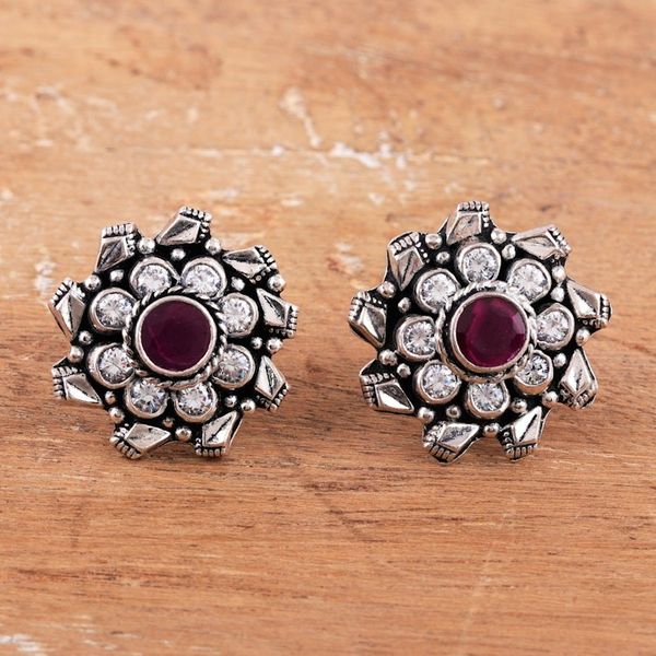 Alternate image for 925 Silver Button Earrings with Pink Onyx Cubic Zirconia Jaipur Blossom