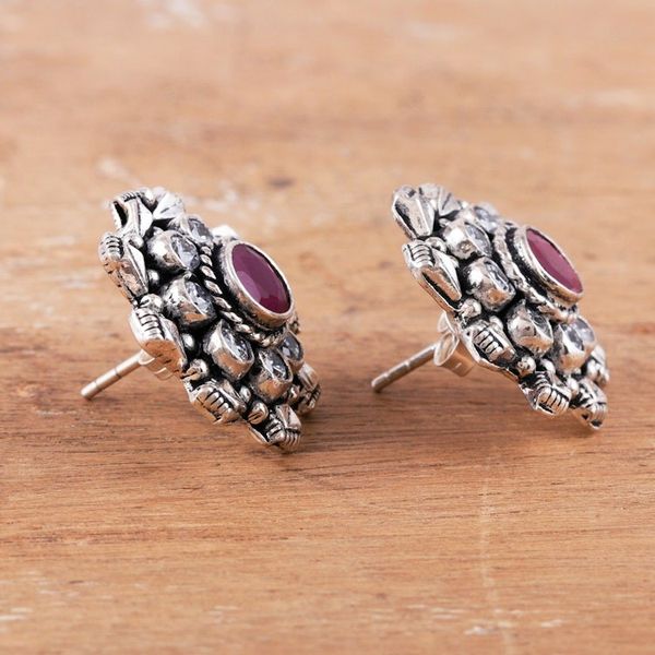 Alternate image for 925 Silver Button Earrings with Pink Onyx Cubic Zirconia Jaipur Blossom