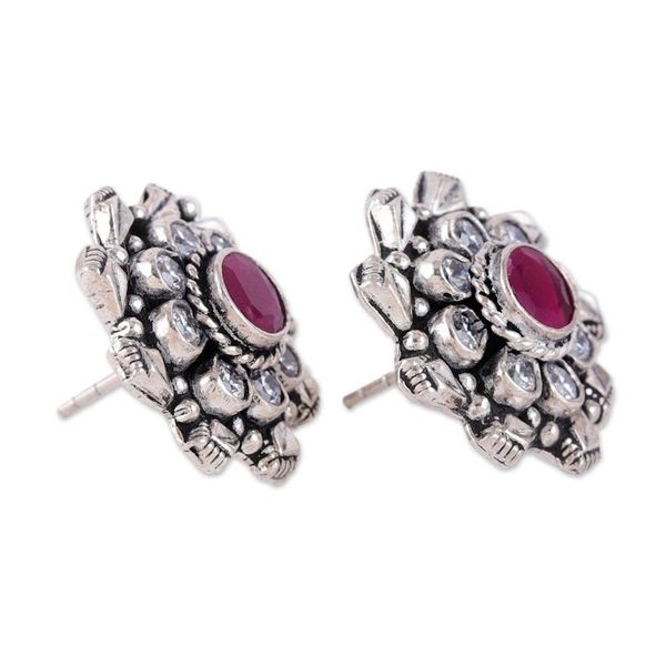 Alternate image for 925 Silver Button Earrings with Pink Onyx Cubic Zirconia Jaipur Blossom