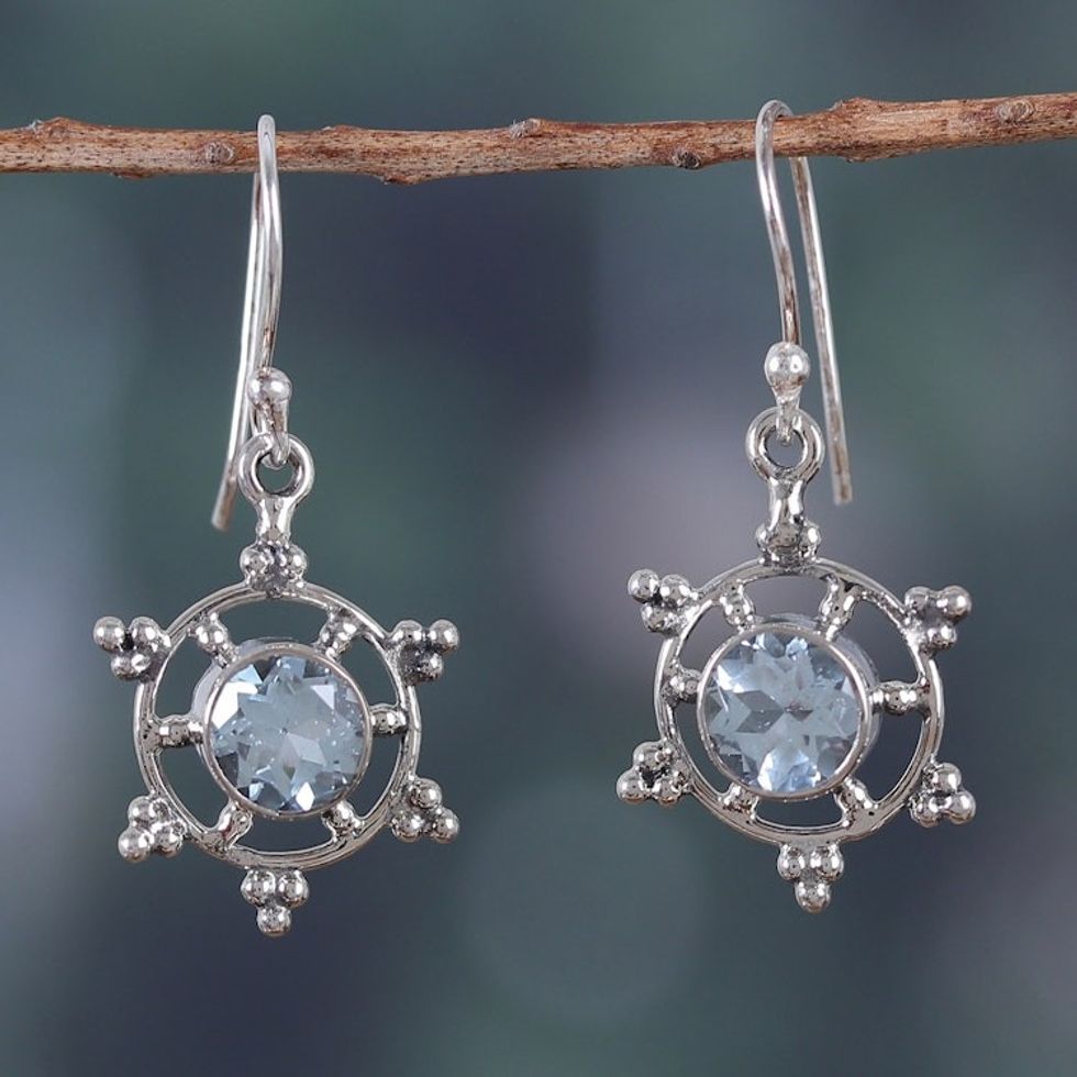 Ship Wheel-Shaped Silver Dangle Earrings with Blue Topaz 'Chic Wheel'