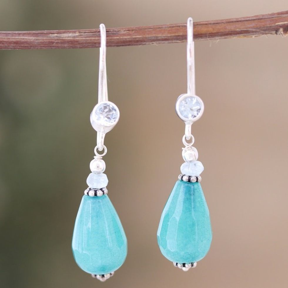 Polished Beaded Dangle Earrings with Agate and Blue Topaz 'Serene Candy'
