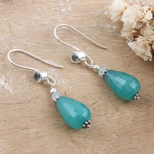 Alternate image for Polished Beaded Dangle Earrings with Agate and Blue Topaz Serene Candy