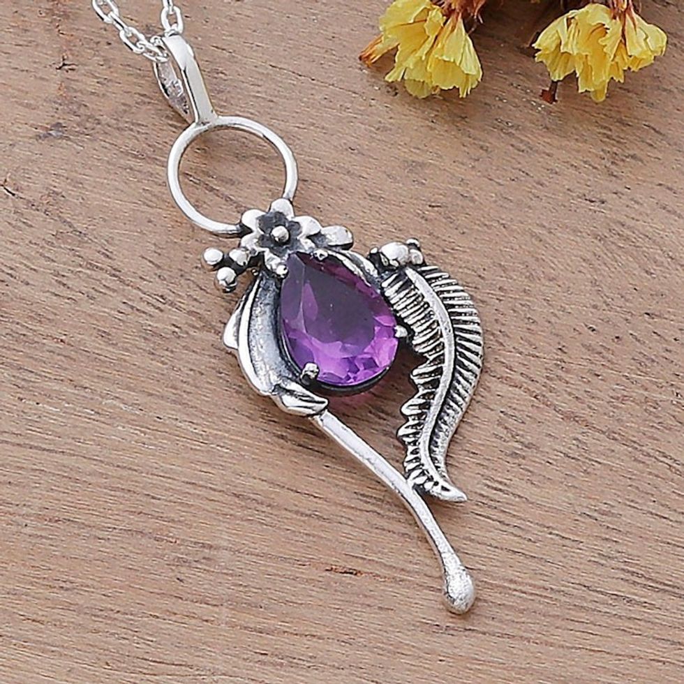 Leafy Faceted Two-Carat Amethyst Pendant Necklace from India 'Violet Romance'