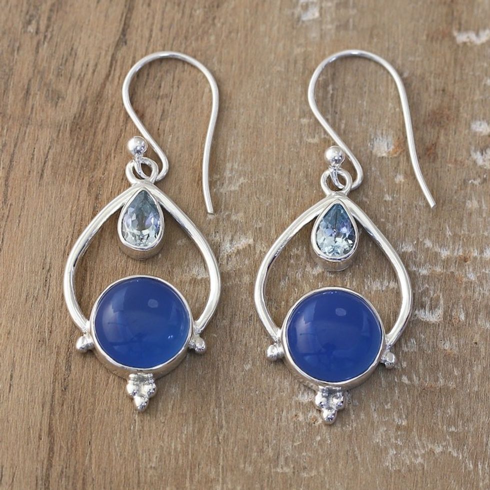 Sterling Silver Dangle Earrings with Chalcedony Blue Topaz 'Dual Symphony'