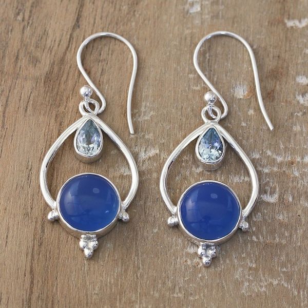 Alternate image for Sterling Silver Dangle Earrings with Chalcedony Blue Topaz Dual Symphony