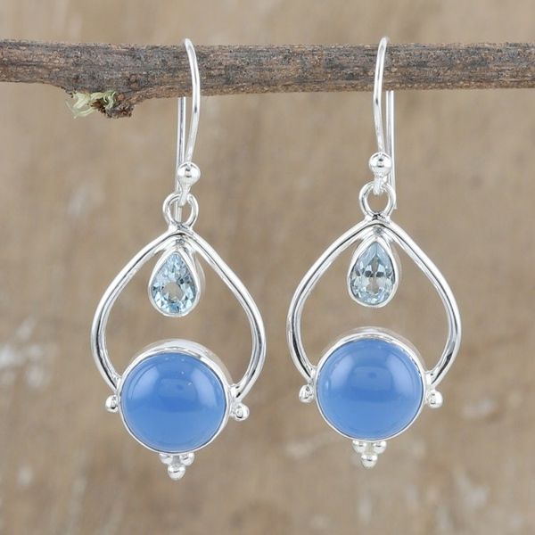 Alternate image for Sterling Silver Dangle Earrings with Chalcedony Blue Topaz Dual Symphony