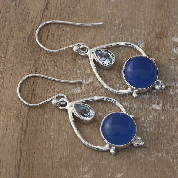 Alternate image for Sterling Silver Dangle Earrings with Chalcedony Blue Topaz Dual Symphony