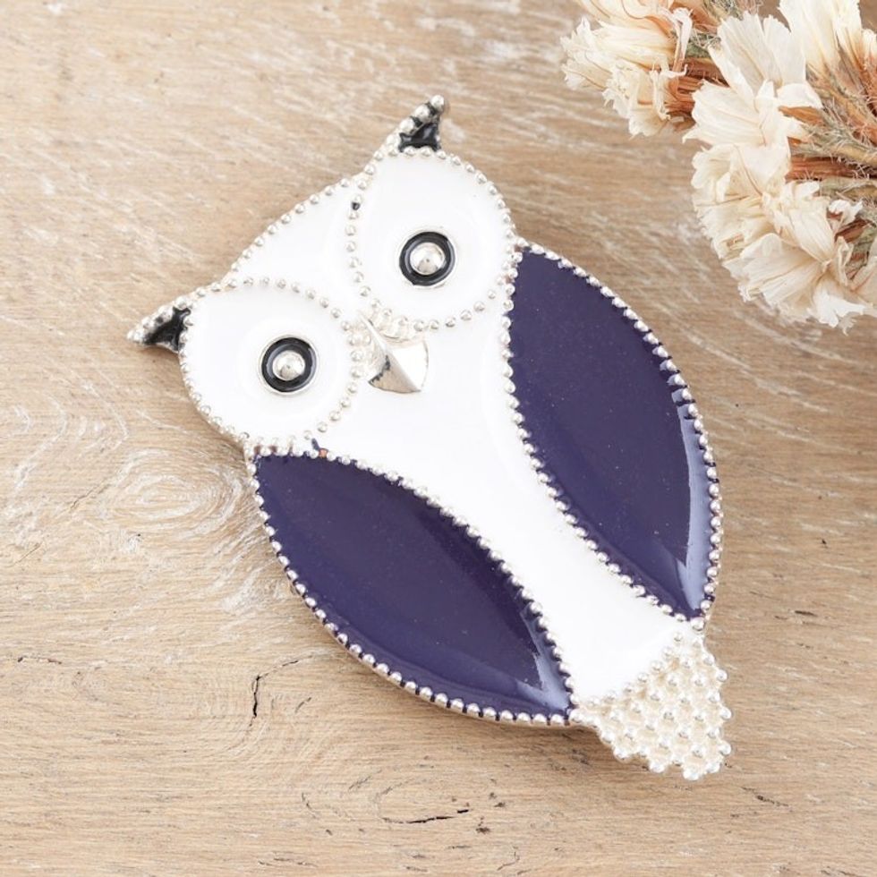 Blue Owl-Themed Sterling Silver Brooch Pin from India 'Glorious Owl'