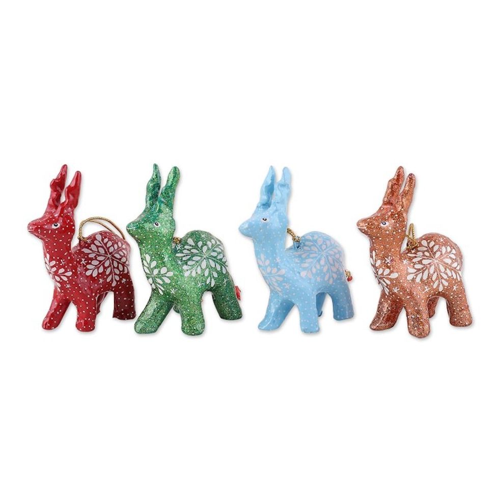 Set of 4 Handmade Colorful Reindeer Papier Mache Ornaments 'Holiday Reindeer'