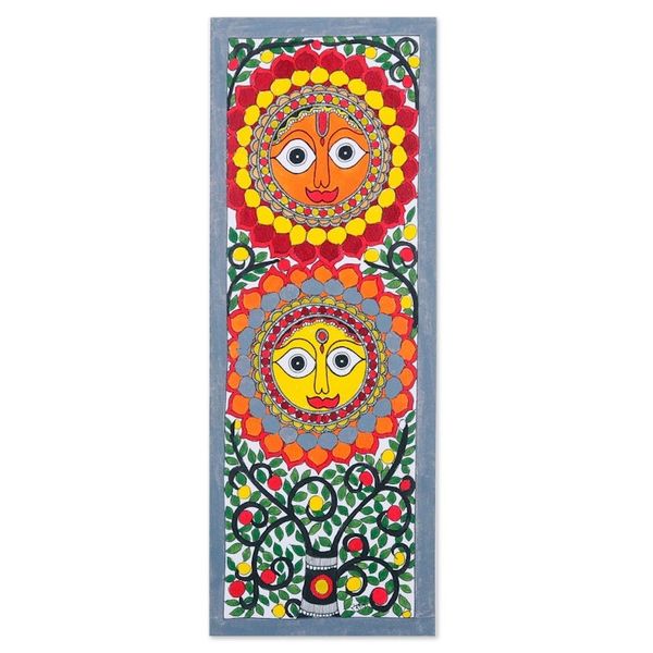 Alternate image for Traditional Vegetable Dye Grey Madhubani Painting from India Celestial Harmony II