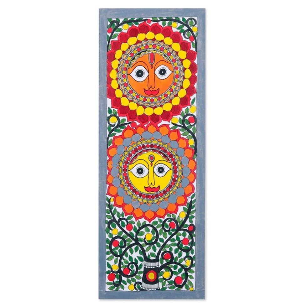 Traditional Vegetable Dye Grey Madhubani Painting from India 'Celestial Harmony II'