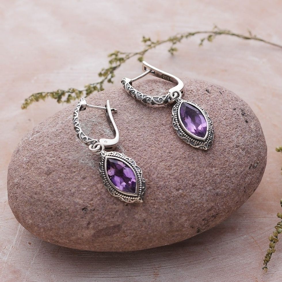 Four-Carat Marquise-Shaped Faceted Amethyst Dangle Earrings 'Sage Damsel'