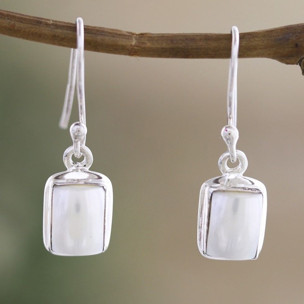 Geometric Sterling Silver Dangle Earrings with Cream Pearls 'Innocent Reflections'