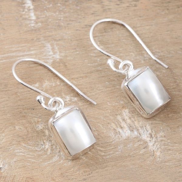 Alternate image for Geometric Sterling Silver Dangle Earrings with Cream Pearls Innocent Reflections