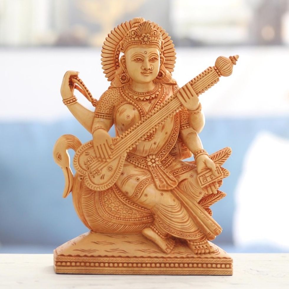 Wood Sculpture of Goddess Saraswati Hand-Carved in India 'Holy Saraswati'