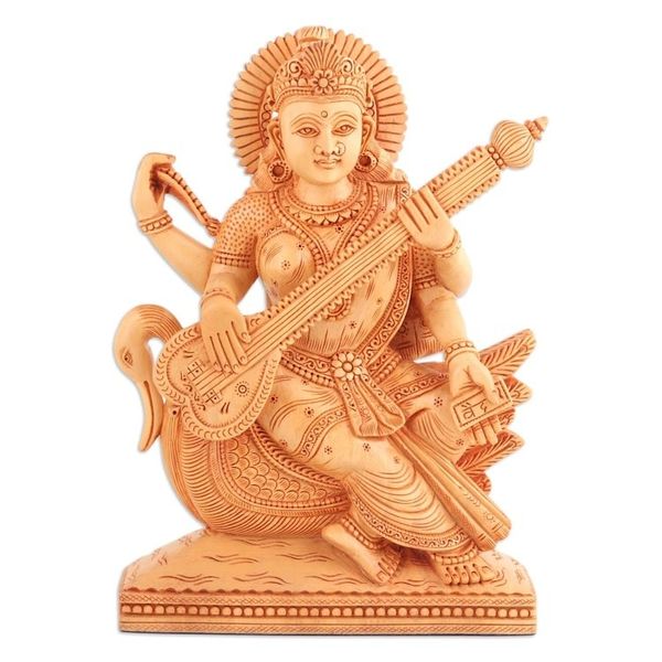 Alternate image for Wood Sculpture of Goddess Saraswati Hand-Carved in India Holy Saraswati