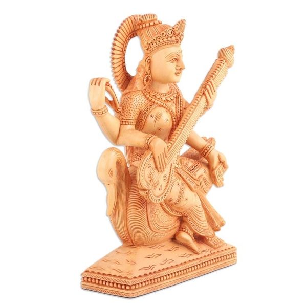 Alternate image for Wood Sculpture of Goddess Saraswati Hand-Carved in India Holy Saraswati