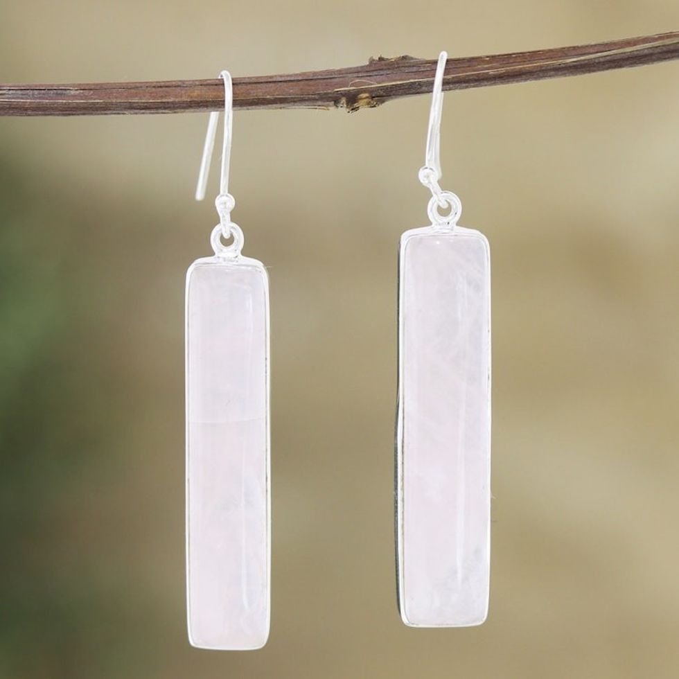 Sterling Silver Dangle Earrings with Rose Quartz Cabochons 'Monument of the Loving'