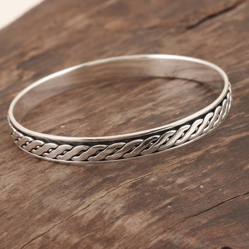 Polished Sterling Silver Bangle Bracelet Crafted in India 'Majestic Paths'