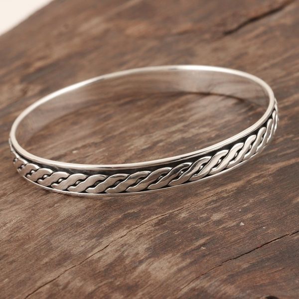 Alternate image for Polished Sterling Silver Bangle Bracelet Crafted in India Majestic Paths