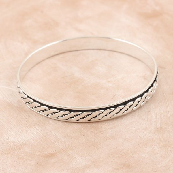 Alternate image for Polished Sterling Silver Bangle Bracelet Crafted in India Majestic Paths