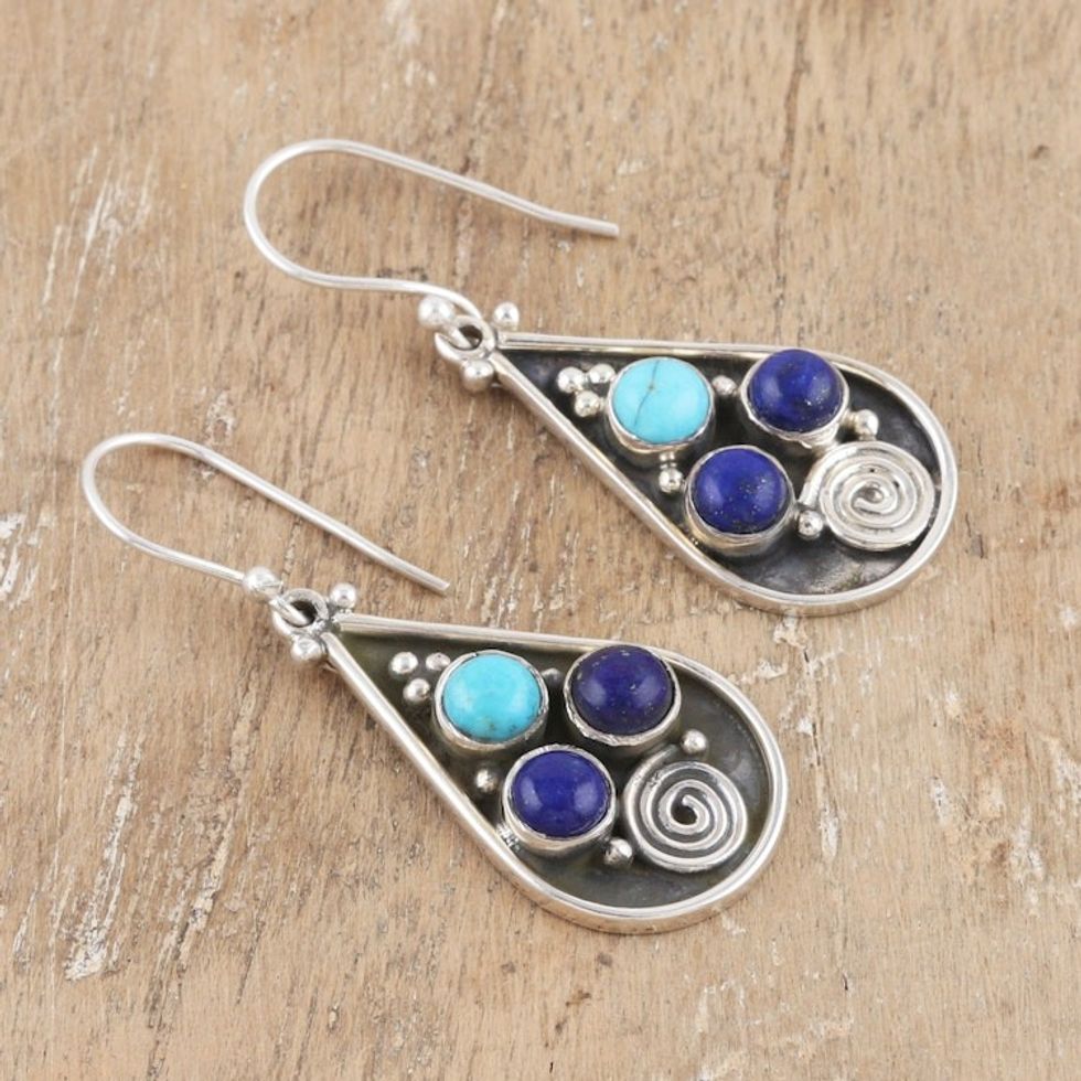 Dangle Earrings with Lapis Lazuli and Recon Turquoise Gems 'Royal Breeze'