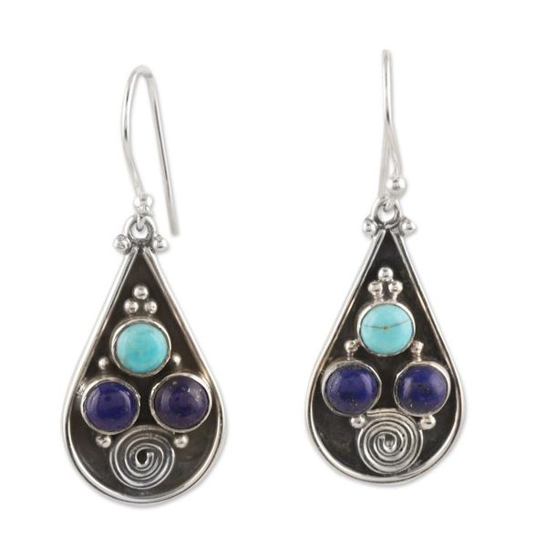 Alternate image for Dangle Earrings with Lapis Lazuli and Recon Turquoise Gems Royal Breeze