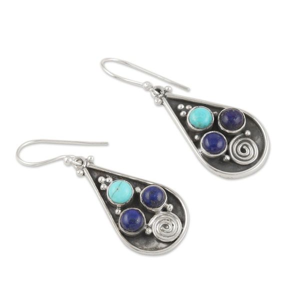 Alternate image for Dangle Earrings with Lapis Lazuli and Recon Turquoise Gems Royal Breeze